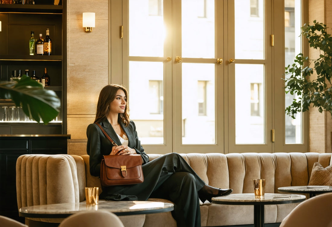 Elegant woman in a chic lounge showcasing premium leather messenger bags for modern, confident everyday style
