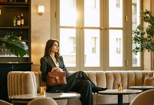 Elegant woman in a chic lounge showcasing premium leather messenger bags for modern, confident everyday style