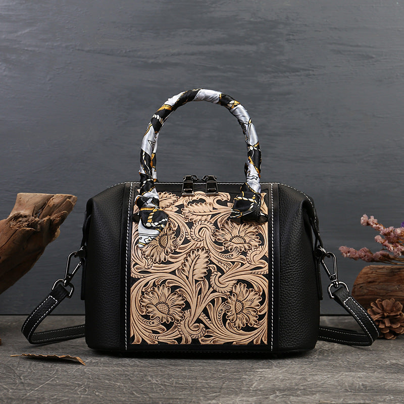 Vintage Carved Cowhide Messenger Bag – Textured Leather, Elegant Design