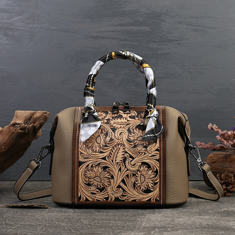 Vintage Carved Cowhide Messenger Bag – Textured Leather, Elegant Design