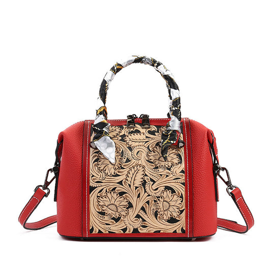 Vintage Carved Cowhide Messenger Bag – Textured Leather, Elegant Design